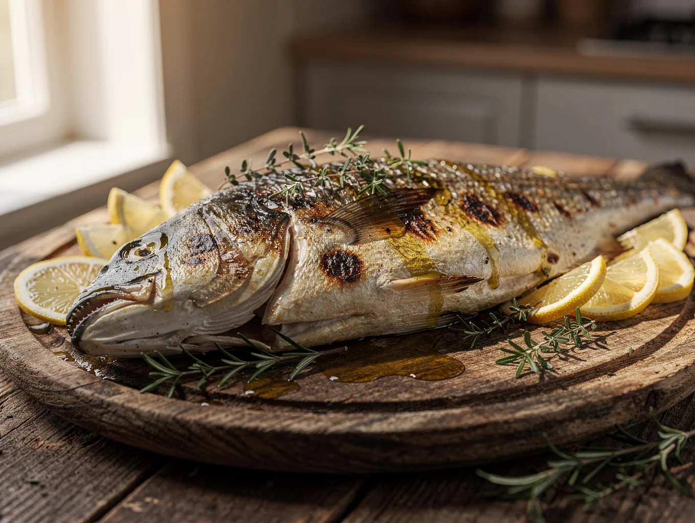 Whole roasted Mediterranean branzino with olives