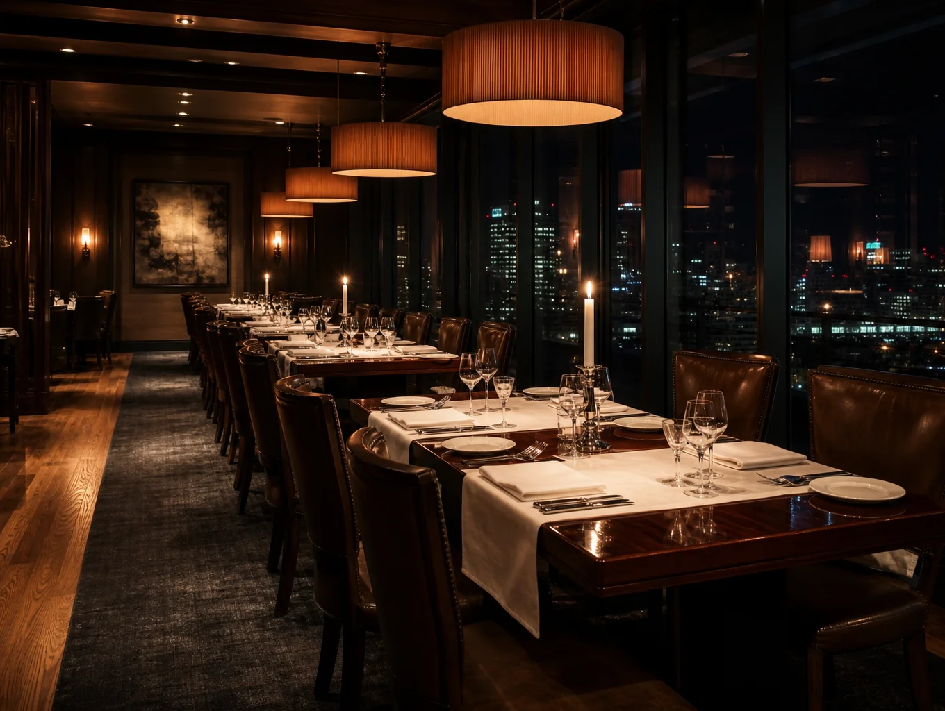 Candlelit dining room with elegant tables and warm lighting