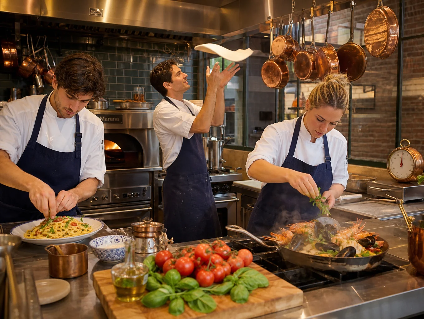 Chefs working in a modern open kitchen environment