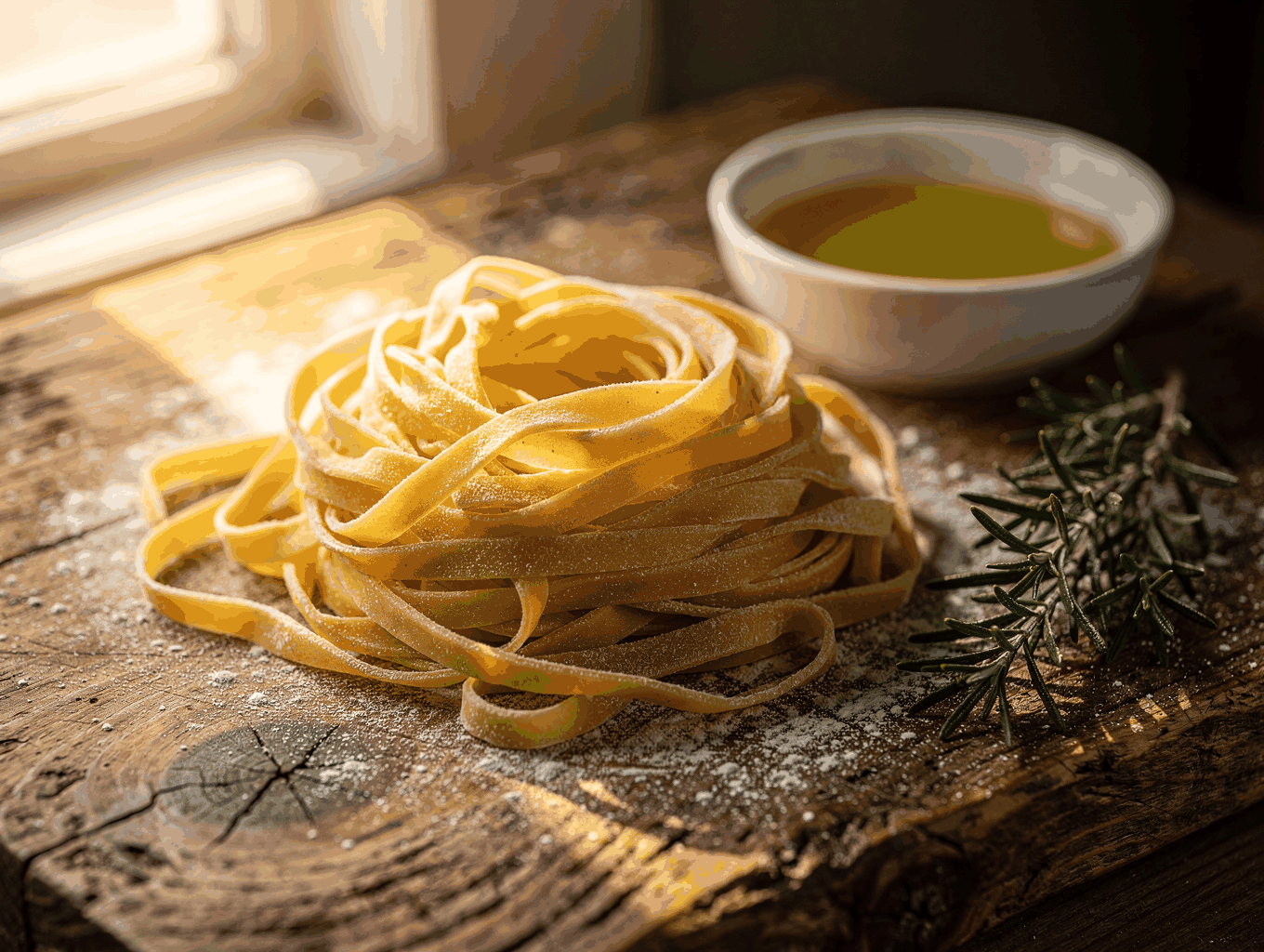 Freshly prepared tagliatelle pasta on a wooden surface