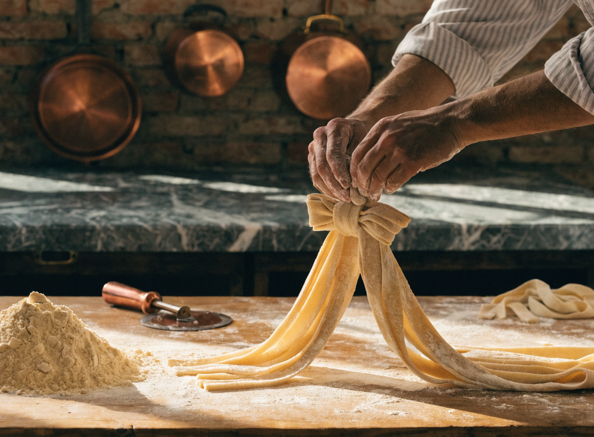 Chef hand-stretching fresh pasta in our open kitchen