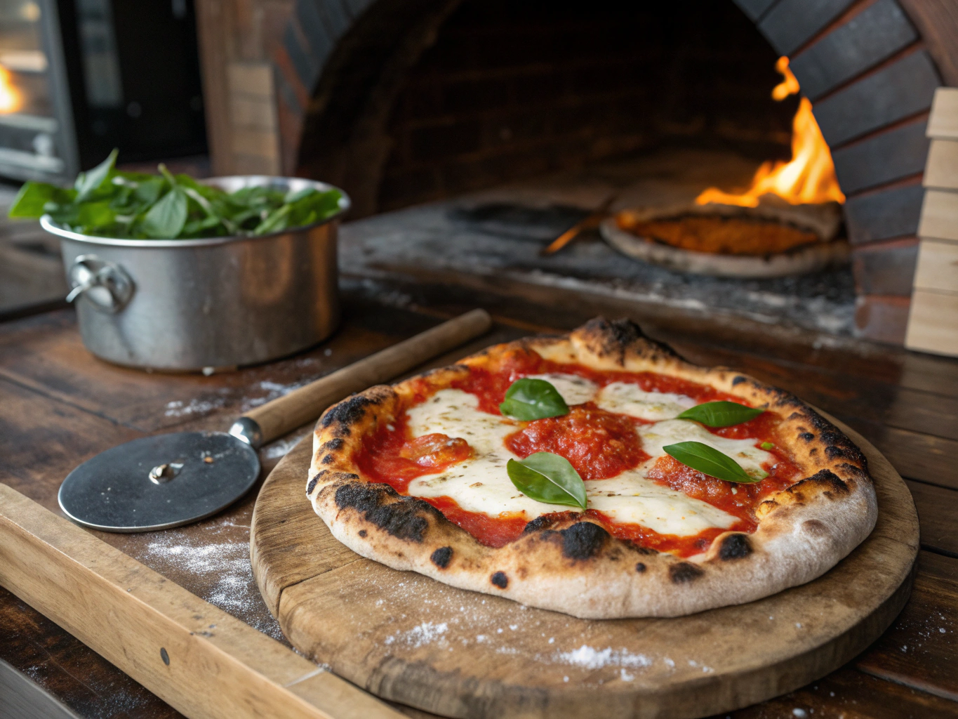 Wood-fired Neapolitan Margherita pizza with crust